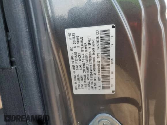 2008 Honda Accord LX-S with VIN 1HGCS12388A007922, listed as a Copart auction lot 66765425 with Not provided miles and Non repairable. Bid and sale history available at DreamBid. Image 13.