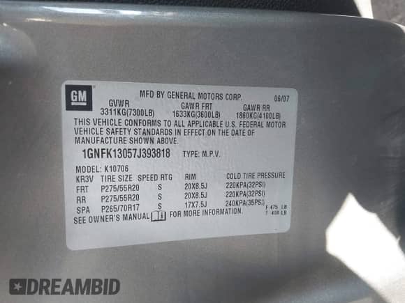 2007 Chevrolet Tahoe LT с VIN 1GNFK13057J393818, выставлен на аукционе IAAI как лот 42317250 с пробегом 151 387 миль миль и . История ставок и продаж доступна на DreamBid. Изображение 9.