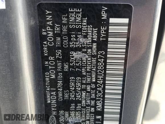 2017 Hyundai Tucson Eco with VIN KM8J3CA24HU288473, listed as a Copart auction lot 63448195 with Not provided miles and Clean title. Bid and sale history available at DreamBid. Image 14.