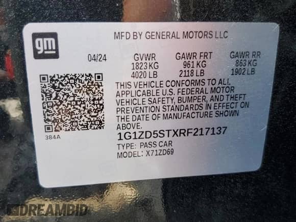 2024 Chevrolet Malibu LT с VIN 1G1ZD5STXRF217137, выставлен на аукционе Copart как лот 61812865 с пробегом 26 583 миль миль и Списание • Salvage title. История ставок и продаж доступна на DreamBid. Изображение 12.