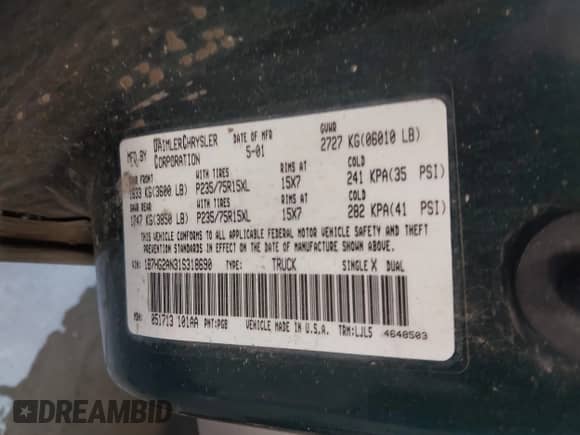 2001 Dodge Dakota Sport with VIN 1B7HG2AN31S318690, listed as a IAAI auction lot 42766545 with 212,865 mi miles and . Bid and sale history available at DreamBid. Image 9.