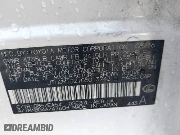 2016 Lexus IS 300/350 с VIN JTHCM1D21G5013743, выставлен на аукционе IAAI как лот 43372595 с пробегом 115 609 миль миль и . История ставок и продаж доступна на DreamBid. Изображение 9.