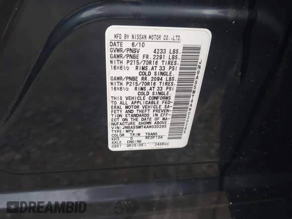 2010 Nissan Rogue SL with VIN JN8AS5MT4AW030265, listed as a IAAI auction lot 43331669 with 162,692 mi miles and . Bid and sale history available at DreamBid. Image 9.