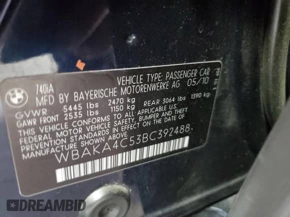 2011 BMW 7 Series 740i с VIN WBAKA4C53BC392488, выставлен на аукционе Copart как лот 77876674 с пробегом Не указан миль и Списание • Salvage title. История ставок и продаж доступна на DreamBid. Изображение 13.