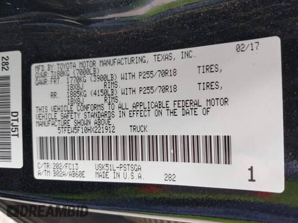 2017 Toyota Tundra SR5 z VIN 5TFEW5F10HX221912, wystawiony jako IAAI lot #42268725 z przebiegiem 92 588 mil mil oraz . Historia ofert i sprzedaży dostępna na DreamBid. Obrazek 9.