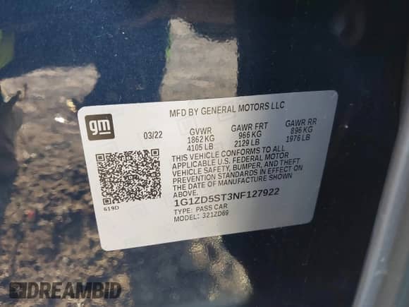 2022 Chevrolet Malibu LT z VIN 1G1ZD5ST3NF127922, wystawiony jako IAAI lot #43351328 z przebiegiem 82 036 mil mil oraz . Historia ofert i sprzedaży dostępna na DreamBid. Obrazek 9.