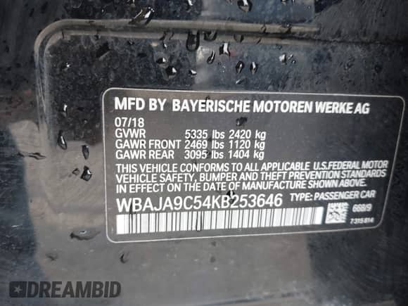 2019 BMW 5 Series 530e with VIN WBAJA9C54KB253646, listed as a IAAI auction lot 42282553 with 78,508 mi miles and . Bid and sale history available at DreamBid. Image 9.