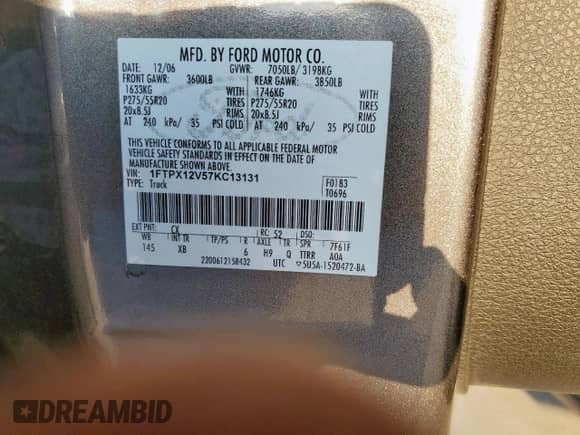 2007 Ford F-150 XL with VIN 1FTPX12V57KC13131, listed as a Copart auction lot 85271915 with 152,415 mi miles and Salvage title. Bid and sale history available at DreamBid. Image 13.