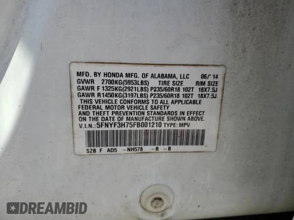 2015 Honda Pilot EX-L with VIN 5FNYF3H75FB001210, listed as a Copart auction lot 56127195 with 101,884 mi miles and Salvage title. Bid and sale history available at DreamBid. Image 13.