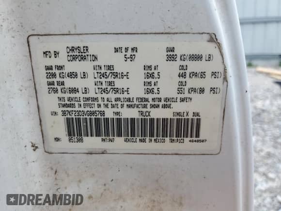 1997 Dodge 2500 with VIN 3B7KF23D3VG805768, listed as a Copart auction lot 59926665 with Not provided miles and Salvage title. Bid and sale history available at DreamBid. Image 12.