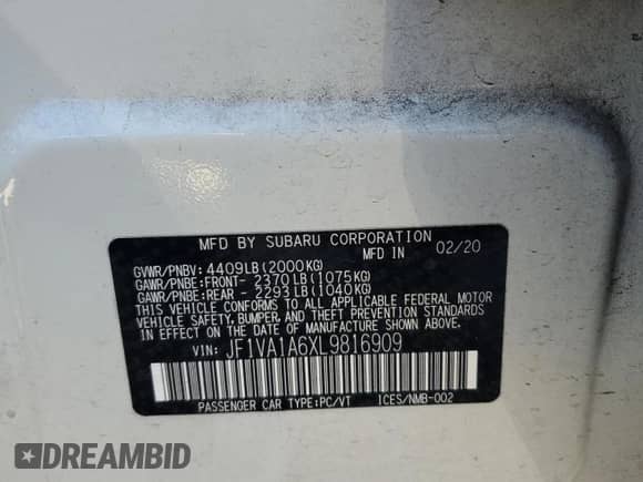 2020 Subaru WRX with VIN JF1VA1A6XL9816909, listed as a Copart auction lot 80832305 with 44,752 mi miles and Salvage title. Bid and sale history available at DreamBid. Image 12.