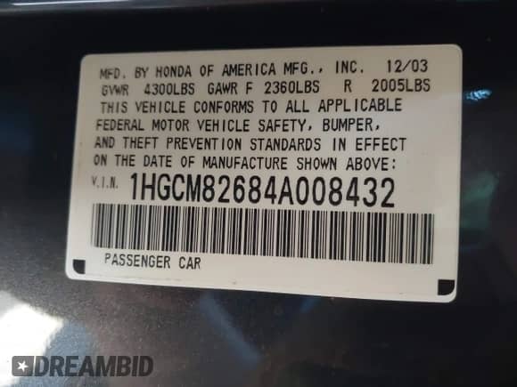 2004 Honda Accord EX with VIN 1HGCM82684A008432, listed as a IAAI auction lot 43077349 with 95,739 mi miles and . Bid and sale history available at DreamBid. Image 9.