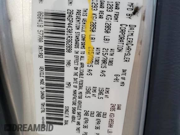 2001 Dodge Caravan Sport with VIN 2B4GP44301R362890, listed as a Copart auction lot 70623934 with 247,954 mi miles and Salvage title. Bid and sale history available at DreamBid. Image 13.