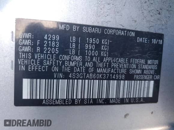 2019 Subaru Impreza с VIN 4S3GTAB60K3714998, выставлен на аукционе Copart как лот 86816205 с пробегом 81 792 миль миль и Списание • Salvage title. История ставок и продаж доступна на DreamBid. Изображение 12.
