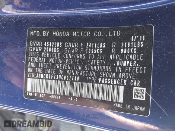 2017 Honda Accord Touring with VIN JHMCR6F73HC007740, listed as a IAAI auction lot 42870267 with 80,405 mi miles and . Bid and sale history available at DreamBid. Image 9.