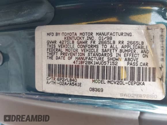 1998 Toyota Camry LE с VIN 4T1BF28K1WU057152, выставлен на аукционе IAAI как лот 42963246 с пробегом 161 522 миль миль и . История ставок и продаж доступна на DreamBid. Изображение 9.