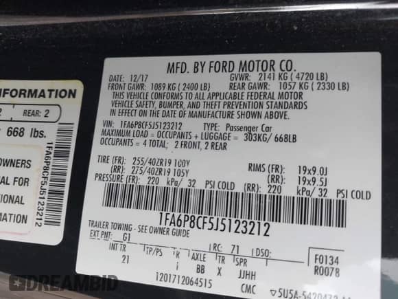 2018 Ford Mustang GT z VIN 1FA6P8CF5J5123212, wystawiony jako IAAI lot #42991896 z przebiegiem 97 579 mil mil oraz . Historia ofert i sprzedaży dostępna na DreamBid. Obrazek 9.