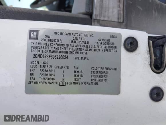 2009 Chevrolet Equinox LS с VIN 2CNDL23F696226824, выставлен на аукционе IAAI как лот 42160057 с пробегом 233 639 миль миль и . История ставок и продаж доступна на DreamBid. Изображение 9.
