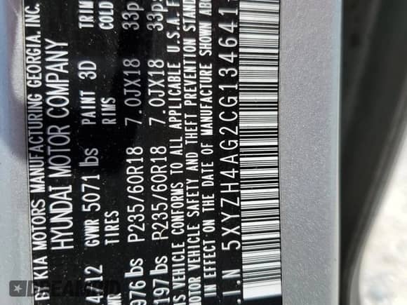 2012 Hyundai Santa Fe SE with VIN 5XYZH4AG2CG134641, listed as a Copart auction lot 66824685 with 194,050 mi miles and Salvage title. Bid and sale history available at DreamBid. Image 13.