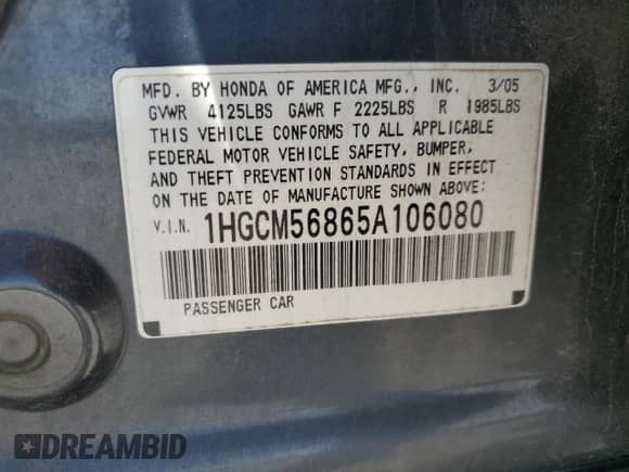 2005 Honda Accord EX-L with VIN 1HGCM56865A106080, listed as a Copart auction lot 70925465 with 218,811 mi miles and Salvage title. Bid and sale history available at DreamBid. Image 12.