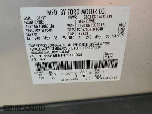 2017 Ford Explorer с VIN 1FM5K8B81HGC78034, выставлен на аукционе Copart как лот 69409815 с пробегом 137 229 миль миль и Списание • Salvage title. История ставок и продаж доступна на DreamBid. Изображение 13.