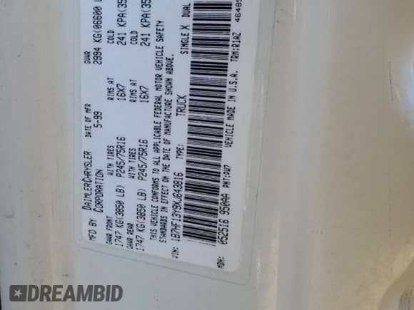 1999 Dodge 1500 с VIN 1B7HF13Y9XJ643816, выставлен на аукционе Copart как лот 73502574 с пробегом 136 290 миль миль и Списание • Salvage title. История ставок и продаж доступна на DreamBid. Изображение 12.