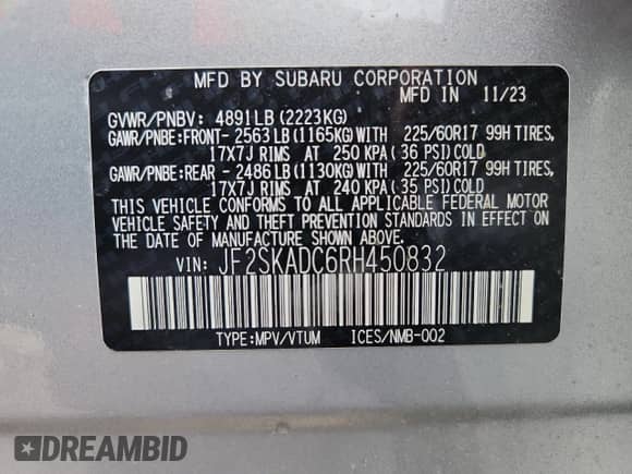 2024 Subaru Forester Premium z VIN JF2SKADC6RH450832, wystawiony jako Copart lot #70182785 z przebiegiem 9 410 mil mil oraz Szkoda całkowita • Salvage title. Historia ofert i sprzedaży dostępna na DreamBid. Obrazek 14.