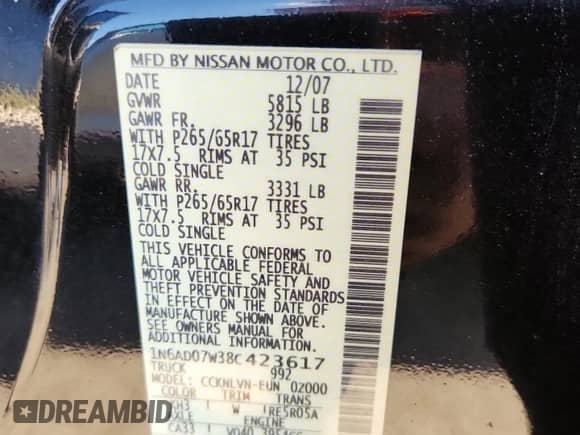 2008 Nissan Frontier SE z VIN 1N6AD07W38C423617, wystawiony jako Copart lot #65275225 z przebiegiem 202 709 mil mil oraz Czysty tytuł • Clean title. Historia ofert i sprzedaży dostępna na DreamBid. Obrazek 12.