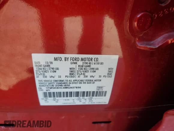 2021 Ford Explorer Platinum с VIN 1FM5K8HC4MGA57856, выставлен на аукционе Copart как лот 70128965 с пробегом 59 126 миль миль и Списание • Salvage title. История ставок и продаж доступна на DreamBid. Изображение 12.