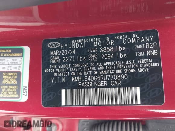 2024 Hyundai Elantra SEL with VIN KMHLS4DG6RU770890, listed as a IAAI auction lot 42989400 with 12,346 mi miles and . Bid and sale history available at DreamBid. Image 9.