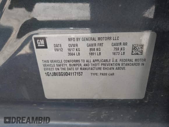 2013 Chevrolet Sonic LS с VIN 1G1JB6SG9D4117157, выставлен на аукционе IAAI как лот 42703451 с пробегом 74 101 миль миль и . История ставок и продаж доступна на DreamBid. Изображение 9.