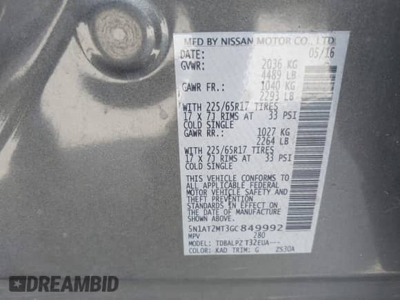 2016 Nissan Rogue SV z VIN 5N1AT2MT3GC849992, wystawiony jako IAAI lot #42632115 z przebiegiem 96 259 mil mil oraz . Historia ofert i sprzedaży dostępna na DreamBid. Obrazek 9.