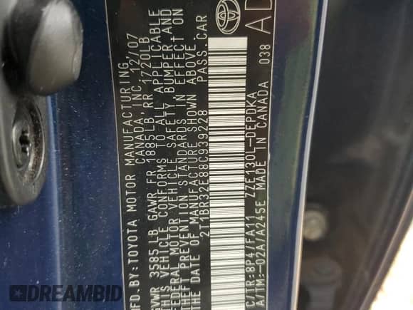 2008 Toyota Corolla CE z VIN 2T1BR32E88C939228, wystawiony jako Copart lot #85264735 z przebiegiem 160 014 mil mil oraz Szkoda całkowita • Salvage title. Historia ofert i sprzedaży dostępna na DreamBid. Obrazek 12.