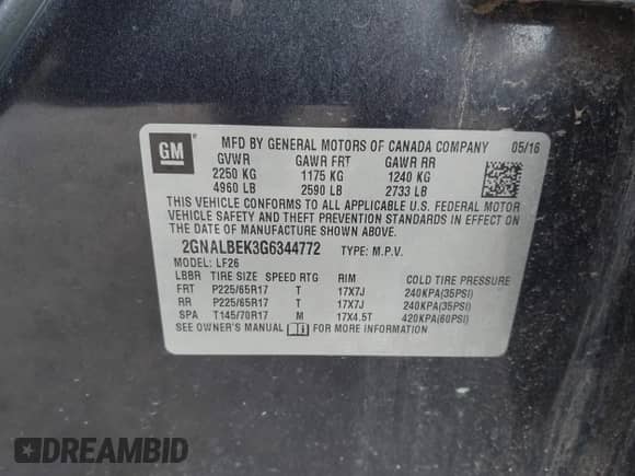 2016 Chevrolet Equinox LS z VIN 2GNALBEK3G6344772, wystawiony jako IAAI lot #43444710 z przebiegiem 147 923 mil mil oraz . Historia ofert i sprzedaży dostępna na DreamBid. Obrazek 9.