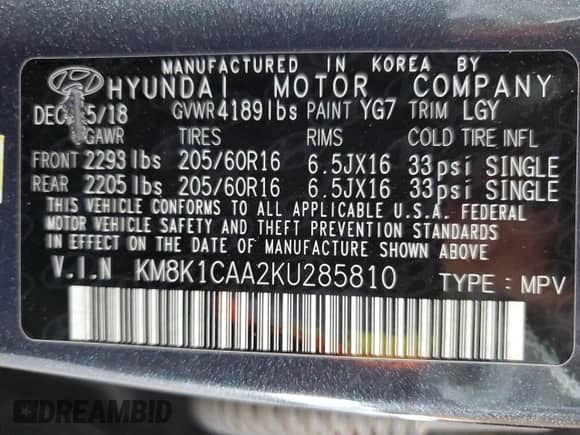 2019 Hyundai Kona SE с VIN KM8K1CAA2KU285810, выставлен на аукционе Copart как лот 81733605 с пробегом 82 670 миль миль и Списание • Salvage title. История ставок и продаж доступна на DreamBid. Изображение 12.