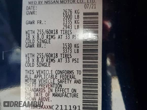 2022 Nissan Pathfinder S z VIN 5N1DR3AAXNC211191, wystawiony jako Copart lot #86436914 z przebiegiem 79 314 mil mil oraz Szkoda całkowita • Salvage title. Historia ofert i sprzedaży dostępna na DreamBid. Obrazek 14.