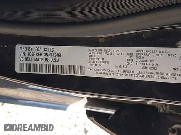 2022 Ram 1500 Big Horn z VIN 1C6RREBT3NN442466, wystawiony jako IAAI lot #40734114 z przebiegiem 22 586 mil mil oraz . Historia ofert i sprzedaży dostępna na DreamBid. Obrazek 9.