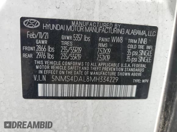 2021 Hyundai Santa Fe Limited с VIN 5NMS4DAL8MH334229, выставлен на аукционе Copart как лот 62408705 с пробегом 25 780 миль миль и Списание • Salvage title. История ставок и продаж доступна на DreamBid. Изображение 12.