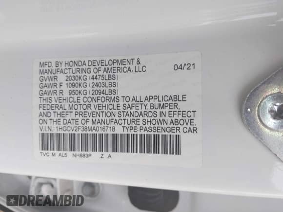 2021 Honda Accord Sport z VIN 1HGCV2F38MA016718, wystawiony jako IAAI lot #43208169 z przebiegiem 52 090 mil mil oraz . Historia ofert i sprzedaży dostępna na DreamBid. Obrazek 9.