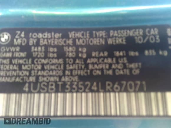 2004 BMW Z4 2.5i with VIN 4USBT33524LR67071, listed as a IAAI auction lot 41632627 with 106,084 mi miles and . Bid and sale history available at DreamBid. Image 9.
