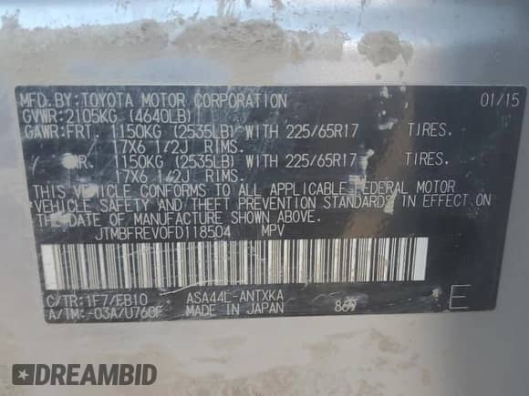 2015 Toyota RAV4 LE with VIN JTMBFREV0FD118504, listed as a Copart auction lot 81213565 with 211,534 mi miles and Salvage title. Bid and sale history available at DreamBid. Image 14.