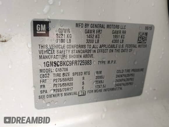 2015 Chevrolet Tahoe LT с VIN 1GNSCBKC9FR725983, выставлен на аукционе IAAI как лот 43381837 с пробегом 261 800 миль миль и . История ставок и продаж доступна на DreamBid. Изображение 9.