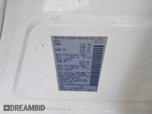 2014 Nissan Pathfinder Platinum with VIN 5N1AR2MN7EC644219, listed as a IAAI auction lot 43567444 with 249,678 mi miles and . Bid and sale history available at DreamBid. Image 9.