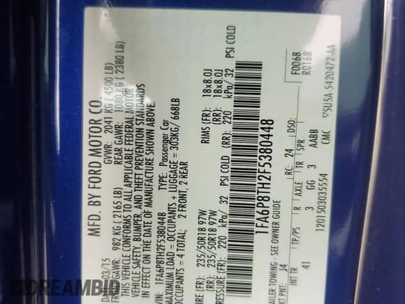 2015 Ford Mustang EcoBoost Premium with VIN 1FA6P8TH2F5380448, listed as a Copart auction lot 84361055 with 89,635 mi miles and Salvage title. Bid and sale history available at DreamBid. Image 13.