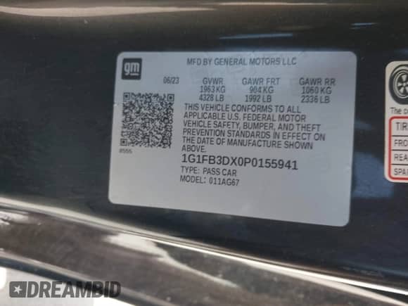 2023 Chevrolet Camaro 1LT with VIN 1G1FB3DX0P0155941, listed as a IAAI auction lot 41270283 with 27,406 mi miles and . Bid and sale history available at DreamBid. Image 9.