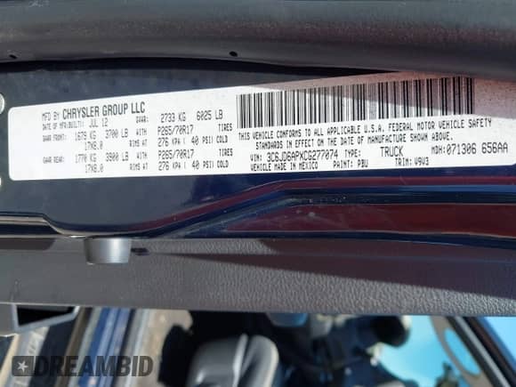 2012 Ram 1500 ST with VIN 3C6JD6APXCG277074, listed as a IAAI auction lot 42557652 with 261,698 mi miles and . Bid and sale history available at DreamBid. Image 9.
