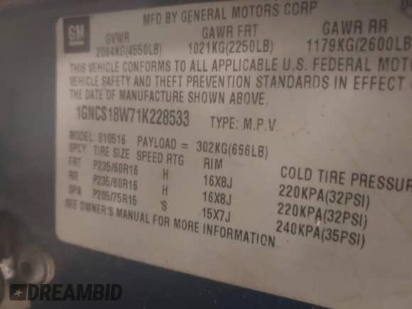 2001 Chevrolet Blazer LS with VIN 1GNCS18W71K228533, listed as a IAAI auction lot 43284905 with Not provided miles and . Bid and sale history available at DreamBid. Image 9.