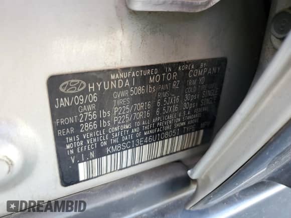 2006 Hyundai Santa Fe GLS с VIN KM8SC13E46U108051, выставлен на аукционе Copart как лот 77257554 с пробегом 169 059 миль миль и Чистый • Clean title. История ставок и продаж доступна на DreamBid. Изображение 12.