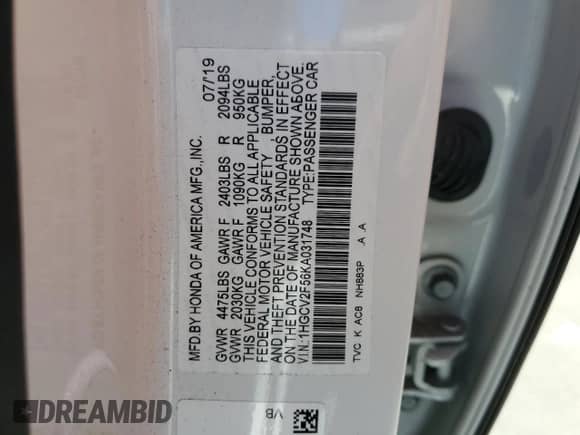 2019 Honda Accord EX-L with VIN 1HGCV2F56KA031748, listed as a Copart auction lot 65906425 with Not provided miles and Salvage title. Bid and sale history available at DreamBid. Image 12.