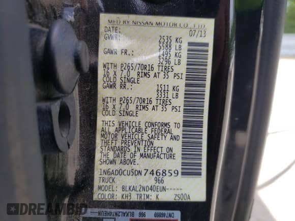 2013 Nissan Frontier SV с VIN 1N6AD0CU5DN746859, выставлен на аукционе Copart как лот 60969135 с пробегом 122 282 миль миль и Списание • Salvage title. История ставок и продаж доступна на DreamBid. Изображение 12.